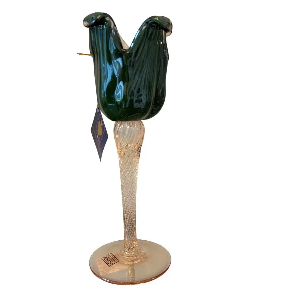 Italian Hand Blown Murano Art Glass Green Tulip Candle Holder Amber Stem 13